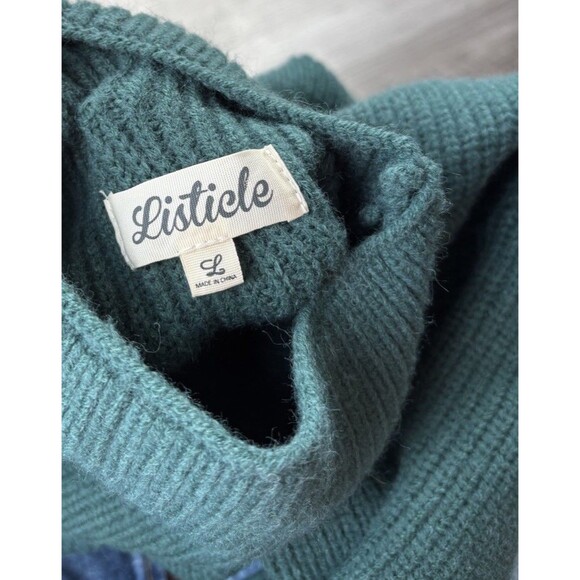 Listicle Heavy Knit Sweater Size L Green Blue Mock Neck Boxy - Picture 2 of 5